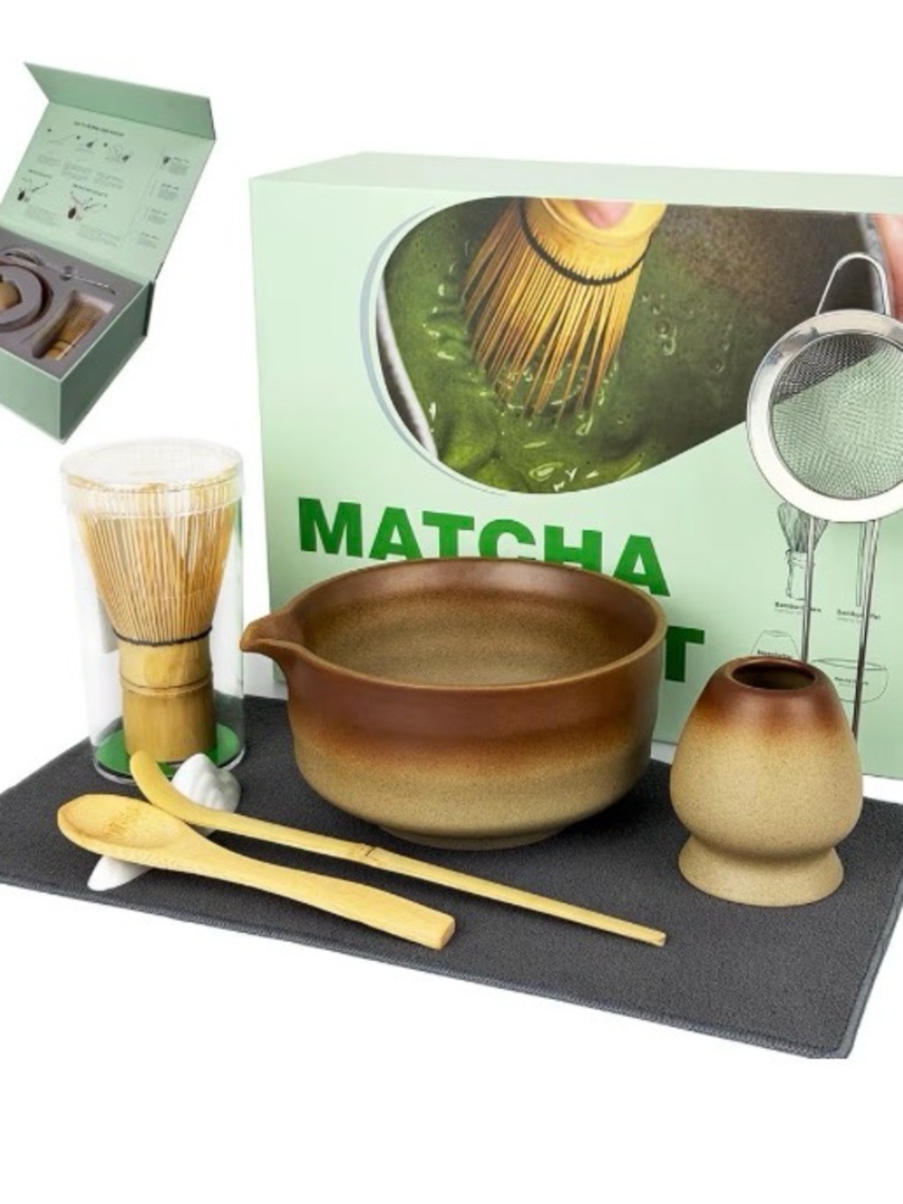 Matcha Tea Ceremony Set – Brown Ceramic Bowl & Bamboo Tools